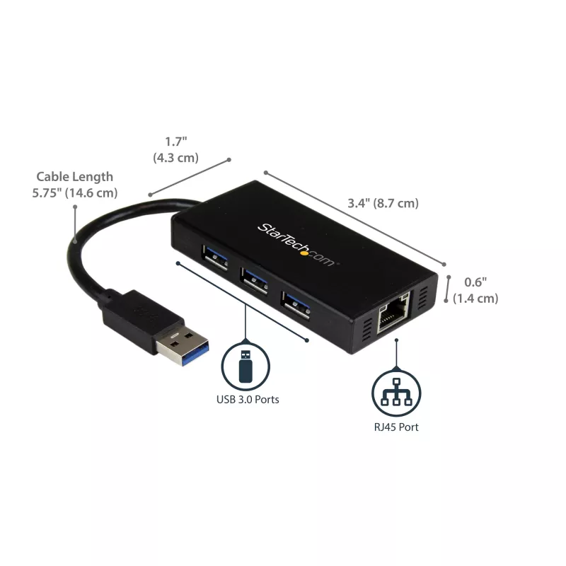 StarTech.com 3-poorts draagbare USB 3.0-hub met Gigabit Ethernet - aluminium met geïntegreerde kabel~3-poorts draagbare USB 3.0-hub met Gigabit Ethernet - 5 Gbit/s - aluminium met geïntegreerde kabel