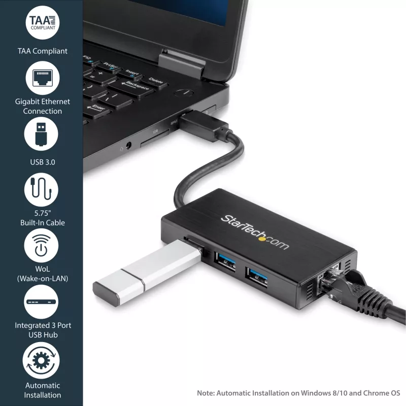 StarTech.com 3-poorts draagbare USB 3.0-hub met Gigabit Ethernet - aluminium met geïntegreerde kabel~3-poorts draagbare USB 3.0-hub met Gigabit Ethernet - 5 Gbit/s - aluminium met geïntegreerde kabel