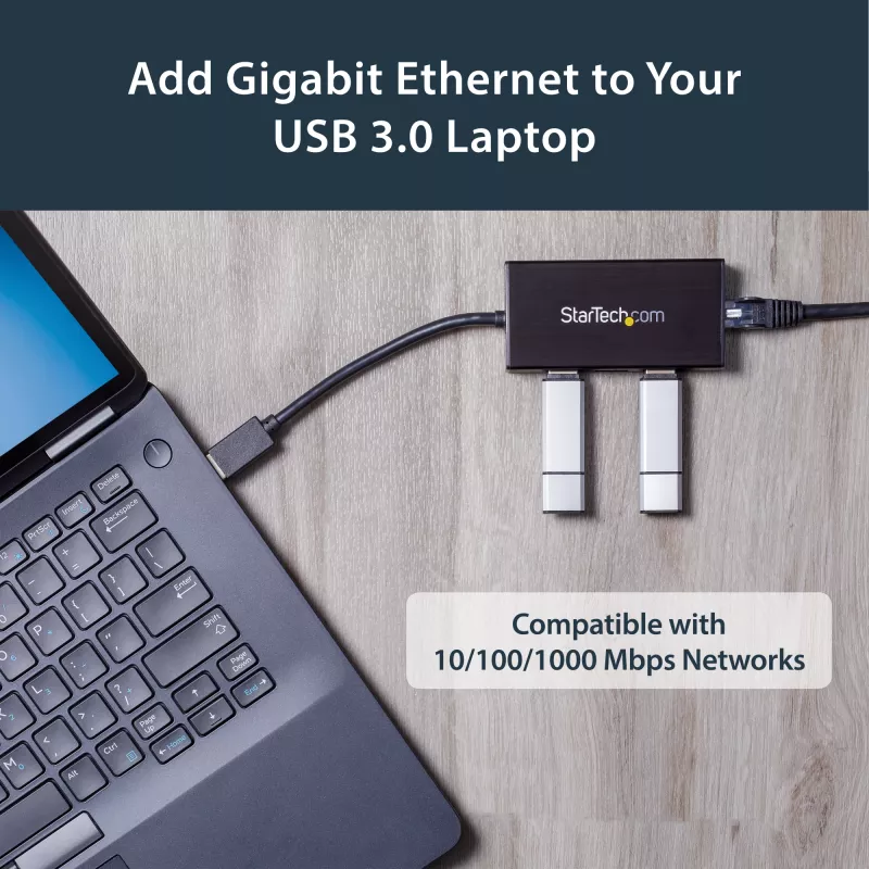 StarTech.com 3-poorts draagbare USB 3.0-hub met Gigabit Ethernet - aluminium met geïntegreerde kabel~3-poorts draagbare USB 3.0-hub met Gigabit Ethernet - 5 Gbit/s - aluminium met geïntegreerde kabel