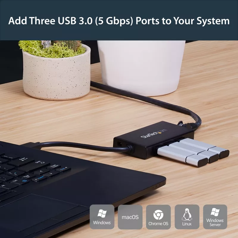 StarTech.com 3-poorts draagbare USB 3.0-hub met Gigabit Ethernet - aluminium met geïntegreerde kabel~3-poorts draagbare USB 3.0-hub met Gigabit Ethernet - 5 Gbit/s - aluminium met geïntegreerde kabel