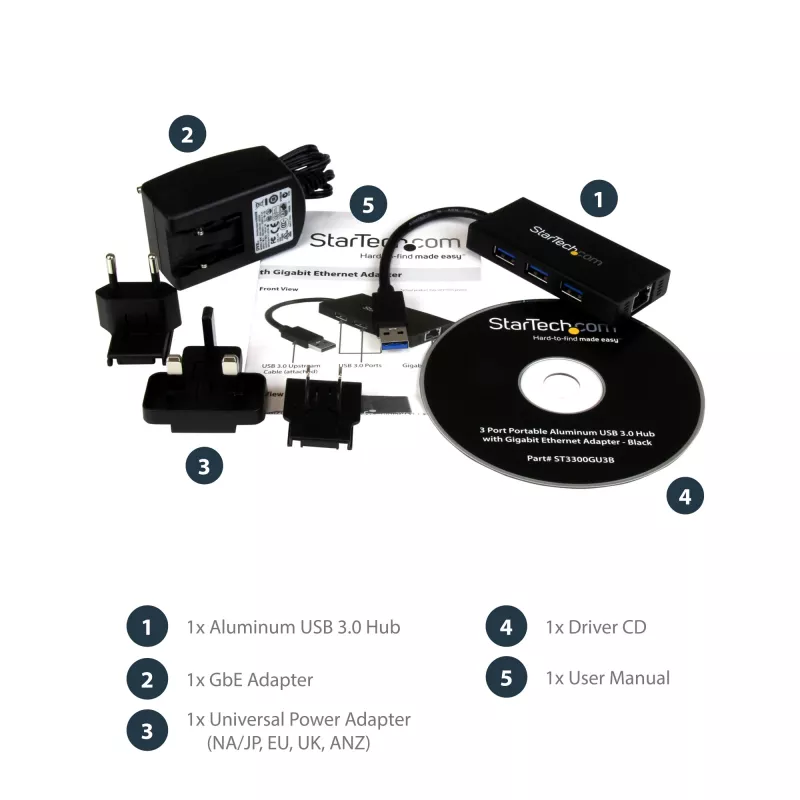 StarTech.com 3-poorts draagbare USB 3.0-hub met Gigabit Ethernet - aluminium met geïntegreerde kabel~3-poorts draagbare USB 3.0-hub met Gigabit Ethernet - 5 Gbit/s - aluminium met geïntegreerde kabel