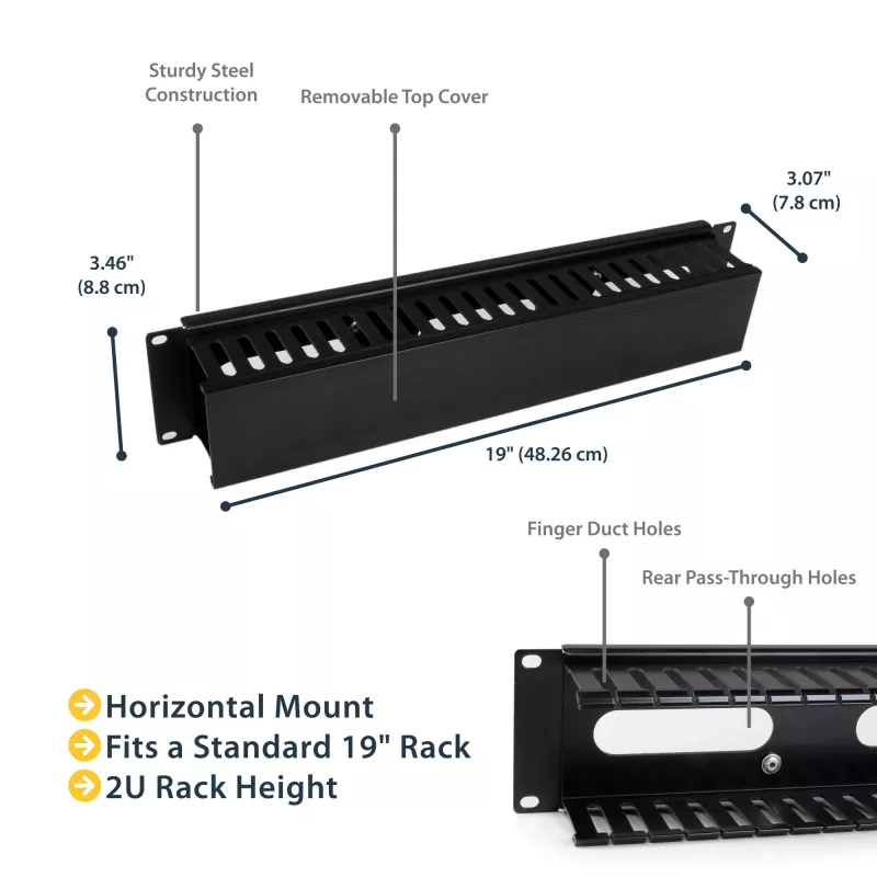 StarTech.com horizontaal 2U serverrack kabelmanagement-vingerkanaal met afdekking – 19 inch netwerkrack kabelgootpaneel – gesleufde kabelgoot