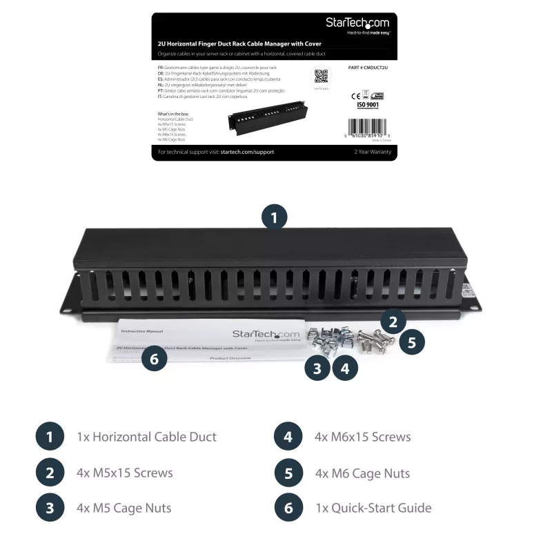 StarTech.com horizontaal 2U serverrack kabelmanagement-vingerkanaal met afdekking – 19 inch netwerkrack kabelgootpaneel – gesleufde kabelgoot