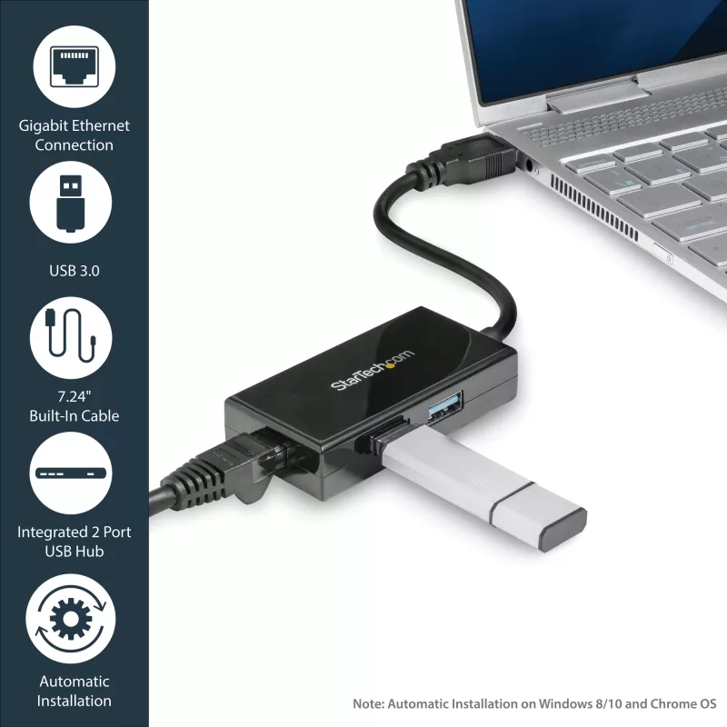 StarTech.com USB-naar-Ethernet-adapter, USB 3.0 naar 10/100/1000 Gigabit Ethernet LAN-converter voor laptops, 11,8″/30 cm vast gemonteerde kabel, USB-naar-RJ45-adapter, NIC-adapter, USB-netwerkadapter