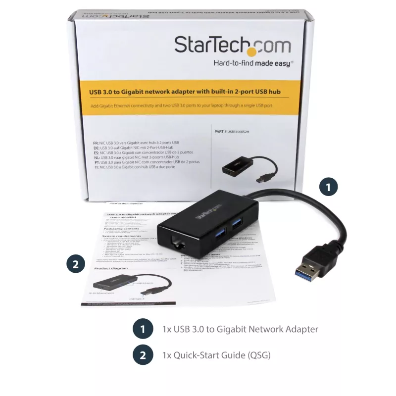 StarTech.com USB-naar-Ethernet-adapter, USB 3.0 naar 10/100/1000 Gigabit Ethernet LAN-converter voor laptops, 11,8″/30 cm vast gemonteerde kabel, USB-naar-RJ45-adapter, NIC-adapter, USB-netwerkadapter