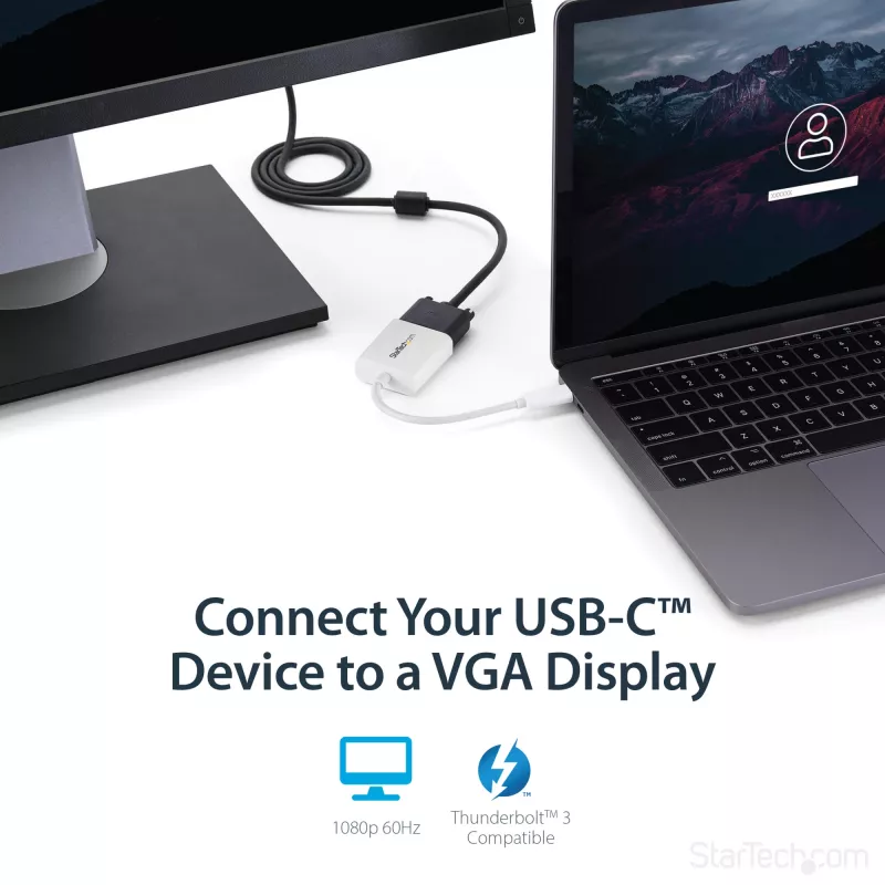 StarTech.com USB-C-naar-VGA-adapter - wit, 3.2 Gen 1 (3.1 Gen 1), USB Type-C, VGA (D-Sub) uitgang, 1920 x 1200 pixels