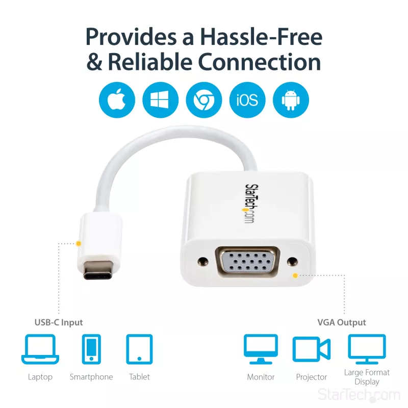 StarTech.com USB-C-naar-VGA-adapter - wit, 3.2 Gen 1 (3.1 Gen 1), USB Type-C, VGA (D-Sub) uitgang, 1920 x 1200 pixels