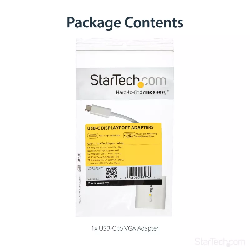 StarTech.com USB-C-naar-VGA-adapter - wit, 3.2 Gen 1 (3.1 Gen 1), USB Type-C, VGA (D-Sub) uitgang, 1920 x 1200 pixels