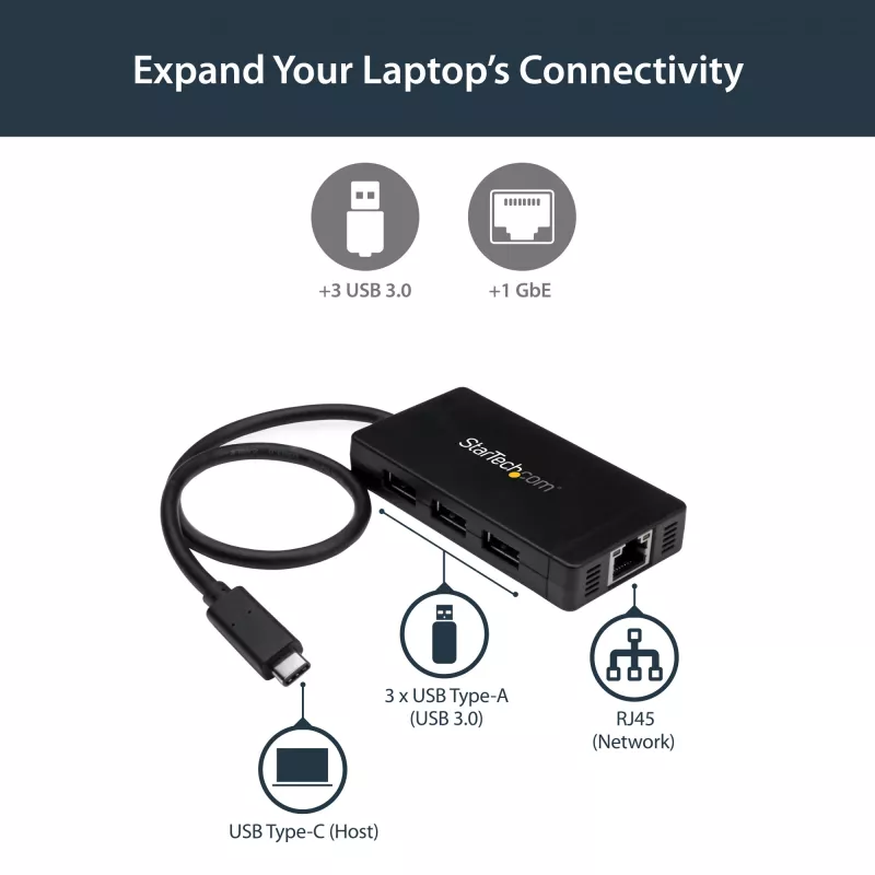 StarTech.com 3-poorts USB 3.0 hub plus Gigabit Ethernet - USB-C - incl. voeding