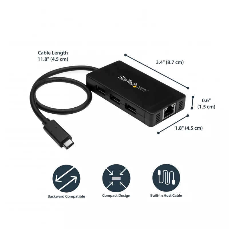 StarTech.com 3-poorts USB 3.0 hub plus Gigabit Ethernet - USB-C - incl. voeding