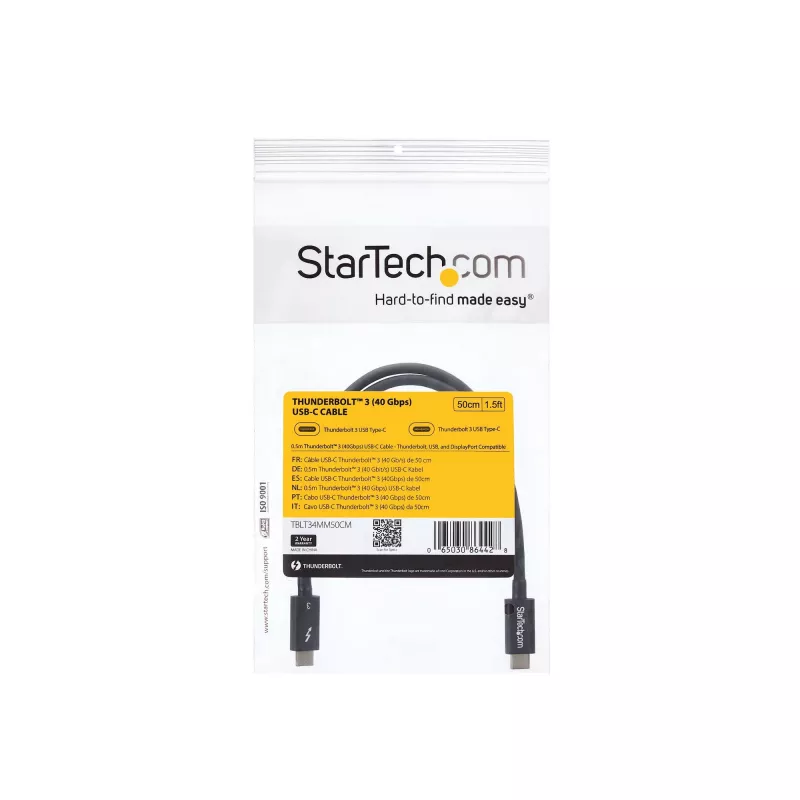 StarTech.com 0,5 m Thunderbolt 3 (40 Gbit/s) USB-C-kabel – compatibel met Thunderbolt, USB en DisplayPort