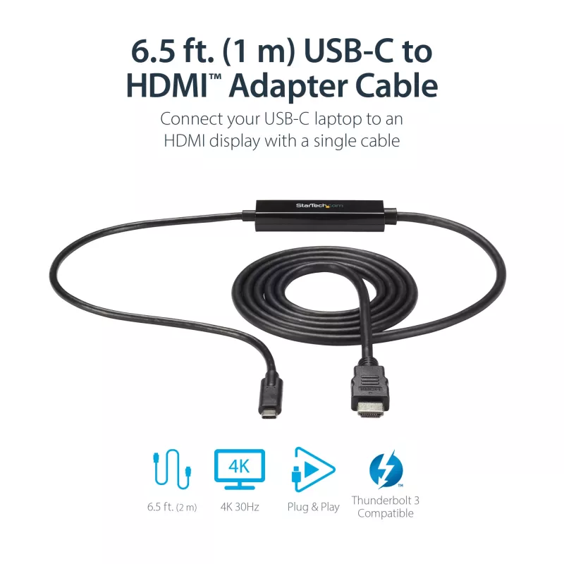 StarTech.com 0,91 m (3 ft) USB-C-naar-HDMI-kabel – 4K 30 Hz USB Type-C-naar-HDMI-videodisplay-converter – USB-C-DP-Alt-Modus-naar-HDMI-monitoradapterkabel – Thunderbolt-compatibel