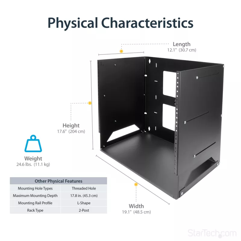 StarTech.com wandmontage-serverrack met geïntegreerde plank – massief staal – 8U