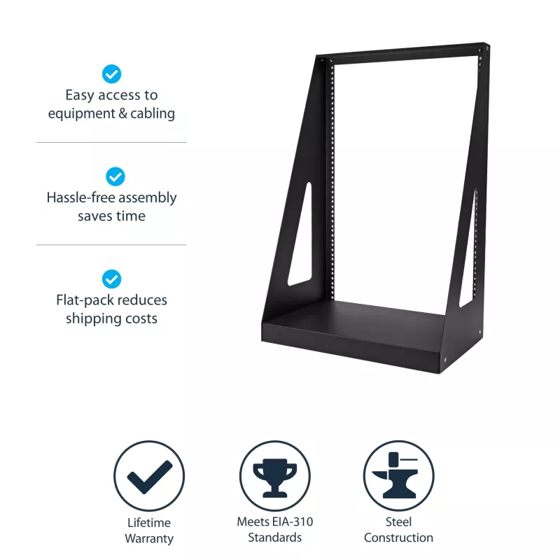 StarTech.com 2-post 16U high-performance desktop-serverrack, klein open 19-inch computerrack, compact netwerkrack voor AV-/studio-/data-/IT-apparatuur, TAA-conform – vrijstaand tweepostsrack voor thuis/kantoor
