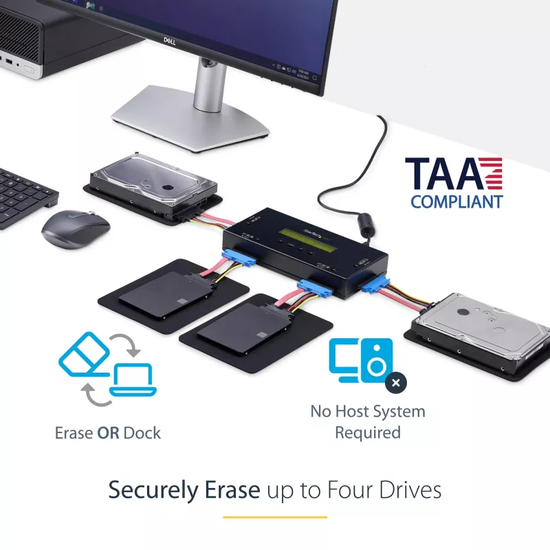 StarTech.com 4 bay SSD/HDD hard drive eraser - 2.5 inch & 3.5 inch SATA - Hostless Standalone Secure Erase externe disk sanitizer - 9 erase modes - RS232 printerpoort - NIST/DOD & TAA compliant