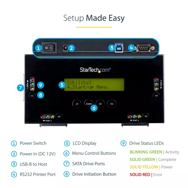 StarTech.com 4 bay SSD/HDD hard drive eraser - 2.5 inch & 3.5 inch SATA - Hostless Standalone Secure Erase externe disk sanitizer - 9 erase modes - RS232 printerpoort - NIST/DOD & TAA compliant