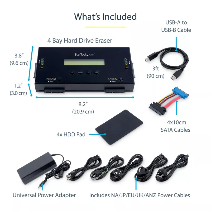StarTech.com 4 bay SSD/HDD hard drive eraser - 2.5 inch & 3.5 inch SATA - Hostless Standalone Secure Erase externe disk sanitizer - 9 erase modes - RS232 printerpoort - NIST/DOD & TAA compliant