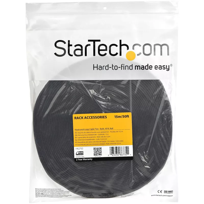 StarTech.com 50ft Hook and Loop rol - Cut-to-Size herbruikbare kabelbinders - bulk industriële wire fastener tape /verstelbare fabric wraps zwart / herbruikbare self gripping kabelmanagement straps