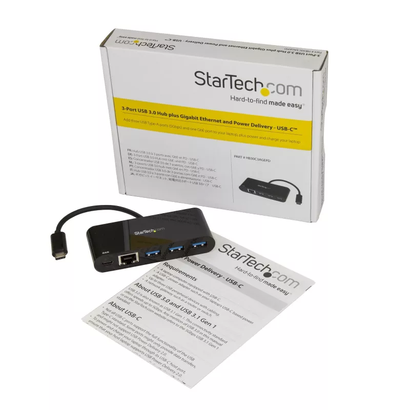 StarTech.com 3-poorts USB-C-hub met Gigabit Ethernet & 60 W Power Delivery passthrough laptoplading – USB-C naar 3x USB-A (USB 3.0 SuperSpeed 5 Gbit/s) – USB 3.1/3.2 Gen 1 Type-C-adapterhub