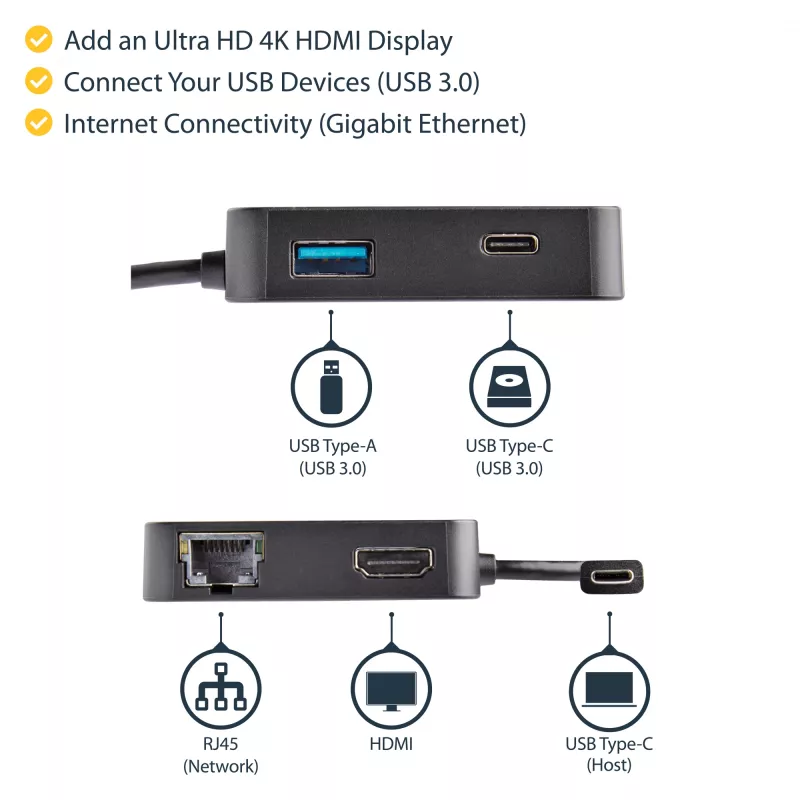 StarTech.com USB-C-multipoort-adapter – draagbare USB-C-mini-dock met 4K-HDMI-video – gigabit-ethernet, USB-3.0-hub (1x USB-A, 1x USB-C) – USB-Type-C-multipoort-adapter – Thunderbolt 3 compatibel