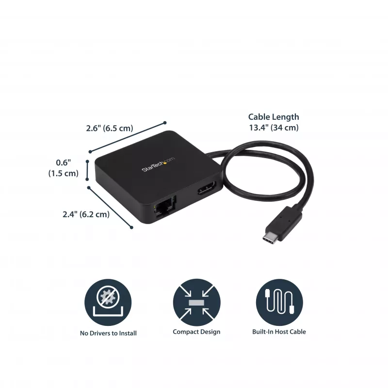 StarTech.com USB-C-multipoort-adapter – draagbare USB-C-mini-dock met 4K-HDMI-video – gigabit-ethernet, USB-3.0-hub (1x USB-A, 1x USB-C) – USB-Type-C-multipoort-adapter – Thunderbolt 3 compatibel