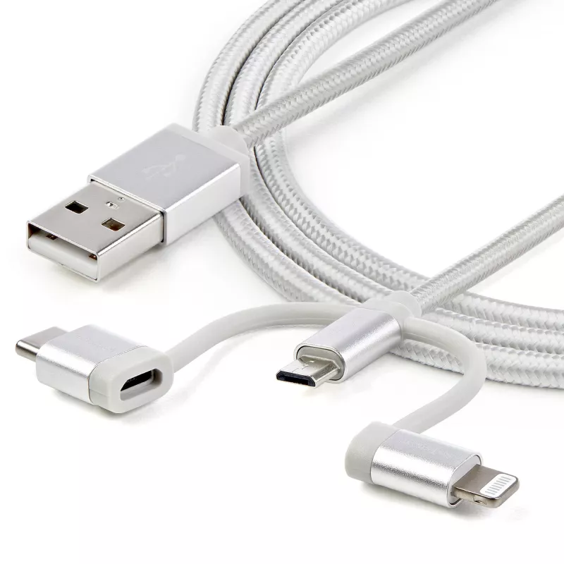 StarTech.com 1 m USB multi-laadkabel – USB naar Micro-USB of USB-C of Lightning voor iPhone/iPad/iPod/Android – Apple MFi-gecertificeerd – 3-in-1 USB-oplader – gevlochten