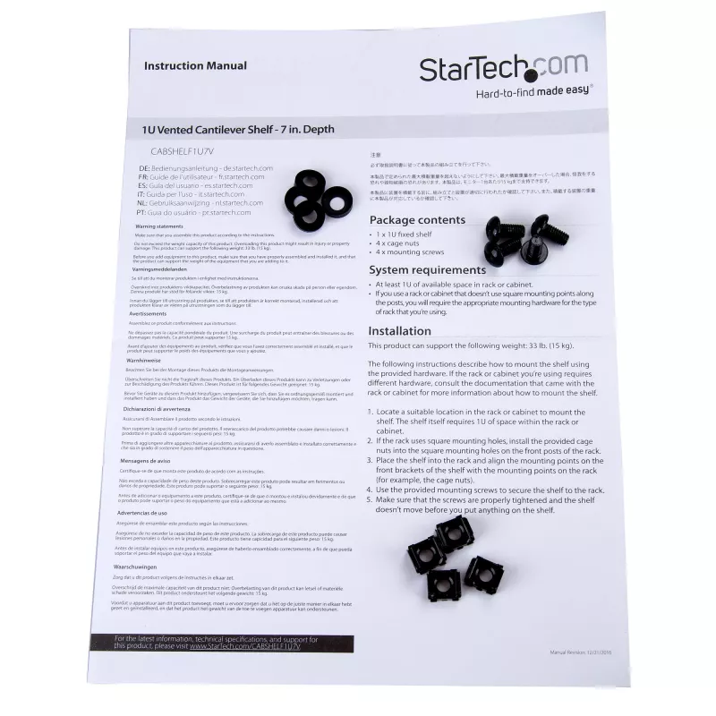 StarTech.com 1U server-racklegbord – universele geventileerde rackmontage-legbord voor 19 inch netwerkapparatuur-rack & -kast – robuuste staalconstructie – draagvermogen 44 lb/20 kg – 7 inch diep legbord, zwart