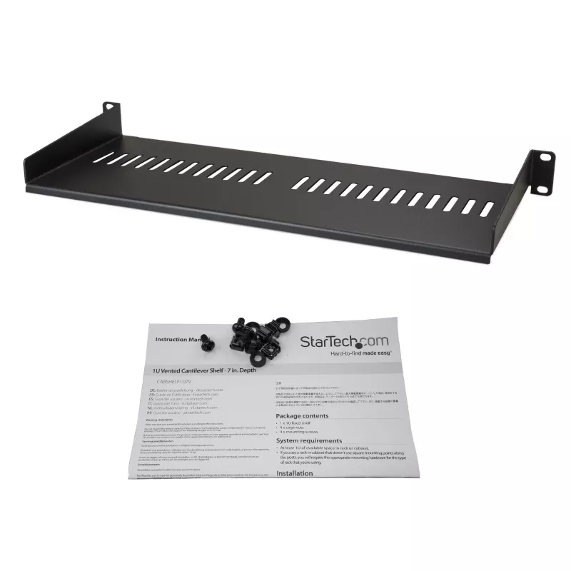 StarTech.com 1U server-racklegbord – universele geventileerde rackmontage-legbord voor 19 inch netwerkapparatuur-rack & -kast – robuuste staalconstructie – draagvermogen 44 lb/20 kg – 7 inch diep legbord, zwart