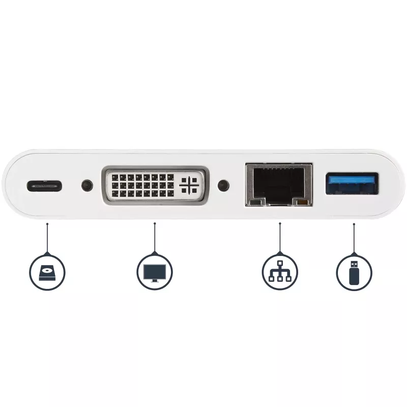 StarTech.com USB-C-multipoort-adapter – USB-C naar DVI-D (digitaal) videoadapter met 60 W Power Delivery doorvoerlading, GbE, USB-A – draagbare mini-dockingstation voor USB Type-C/Thunderbolt 3 laptops