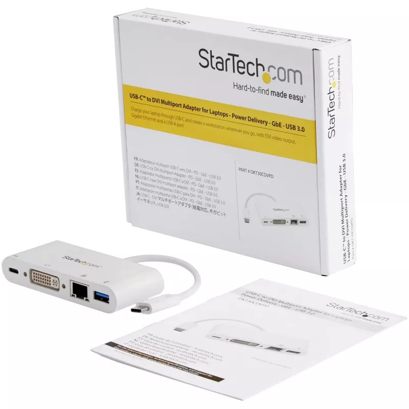 StarTech.com USB-C-multipoort-adapter – USB-C naar DVI-D (digitaal) videoadapter met 60 W Power Delivery doorvoerlading, GbE, USB-A – draagbare mini-dockingstation voor USB Type-C/Thunderbolt 3 laptops