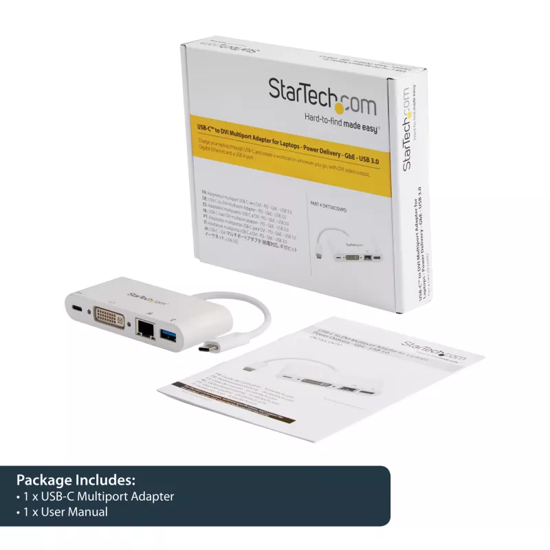 StarTech.com USB-C-multipoort-adapter – USB-C naar DVI-D (digitaal) videoadapter met 60 W Power Delivery doorvoerlading, GbE, USB-A – draagbare mini-dockingstation voor USB Type-C/Thunderbolt 3 laptops