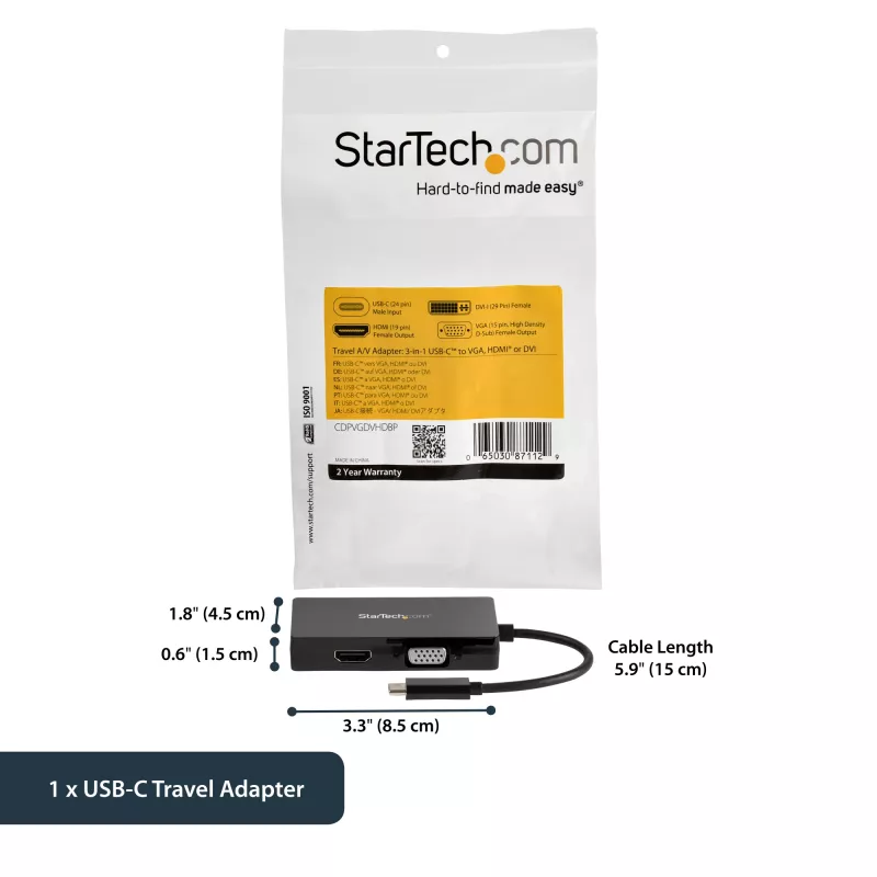 StarTech.com USB-C-multipoort-videoadapter – 3-in-1 – 4K 30 Hz – zwart