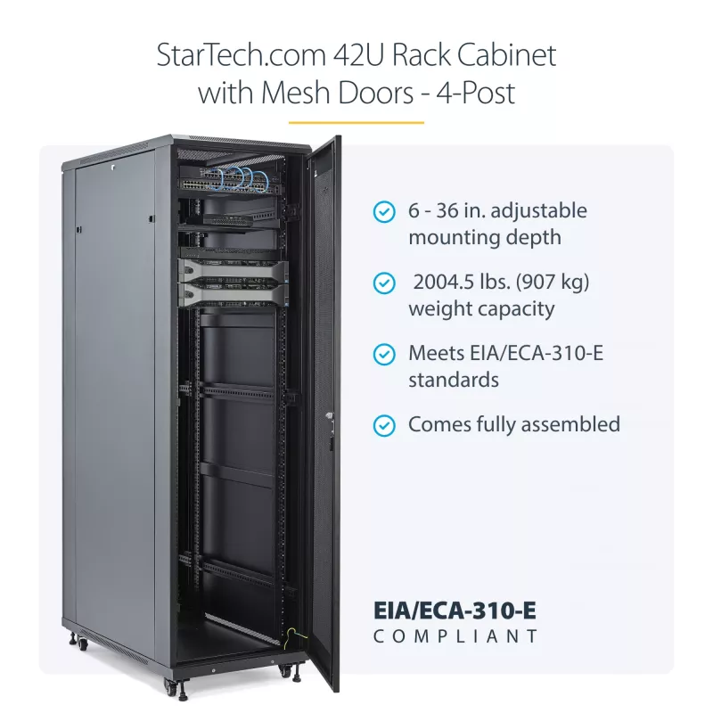 StarTech.com 4-post 42U serverkast, 19 inch datakast voor computer / AV / IT-apparatuur montage, serverkast-behuizing met wielen, volwaardige industriële netwerkopslag