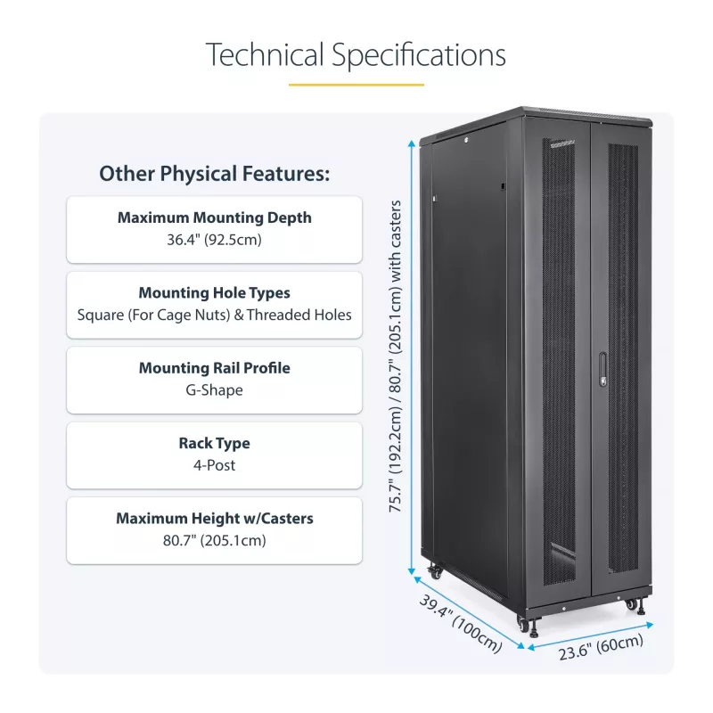 StarTech.com 4-post 42U serverkast, 19 inch datakast voor computer / AV / IT-apparatuur montage, serverkast-behuizing met wielen, volwaardige industriële netwerkopslag