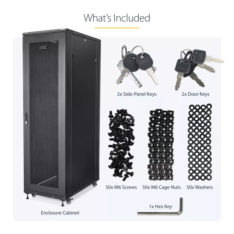 StarTech.com 4-post 42U serverkast, 19 inch datakast voor computer / AV / IT-apparatuur montage, serverkast-behuizing met wielen, volwaardige industriële netwerkopslag