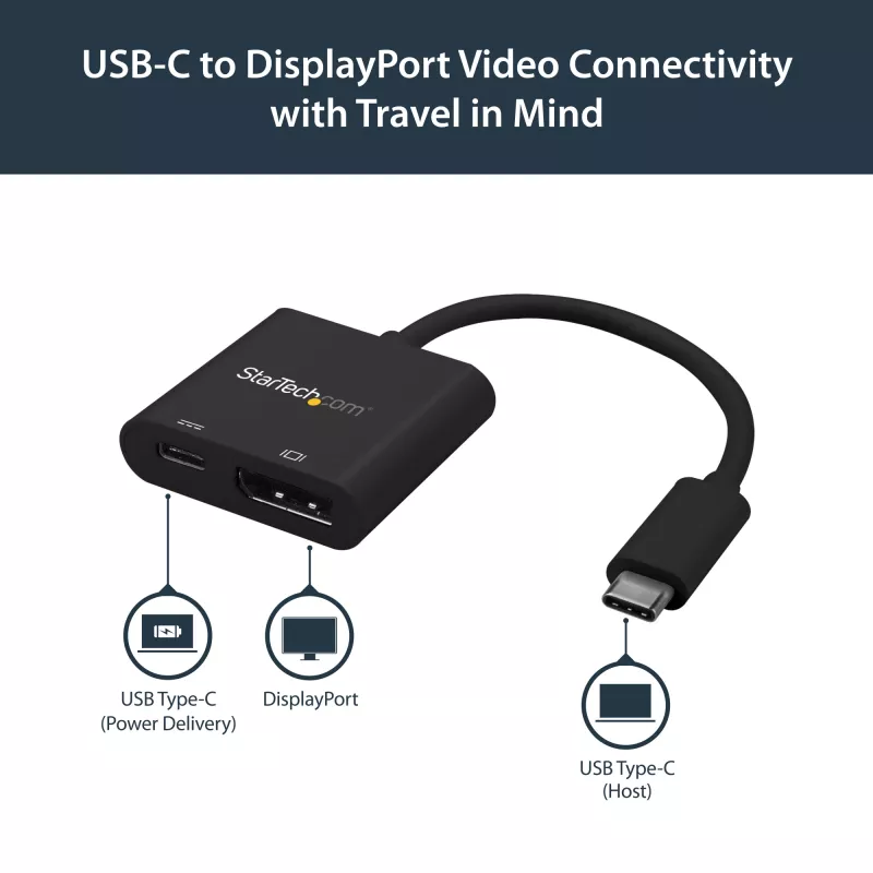 StarTech.com USB-C naar DisplayPort-adapter met Power Delivery – 4K 60Hz HBR2 – USB Type-C naar DP 1.2 monitor-videoconverter met opladen – 60W PD-passthrough – Thunderbolt 3 compatibel