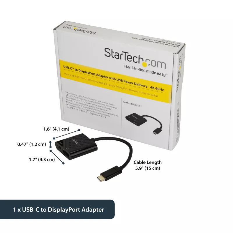 StarTech.com USB-C naar DisplayPort-adapter met Power Delivery – 4K 60Hz HBR2 – USB Type-C naar DP 1.2 monitor-videoconverter met opladen – 60W PD-passthrough – Thunderbolt 3 compatibel