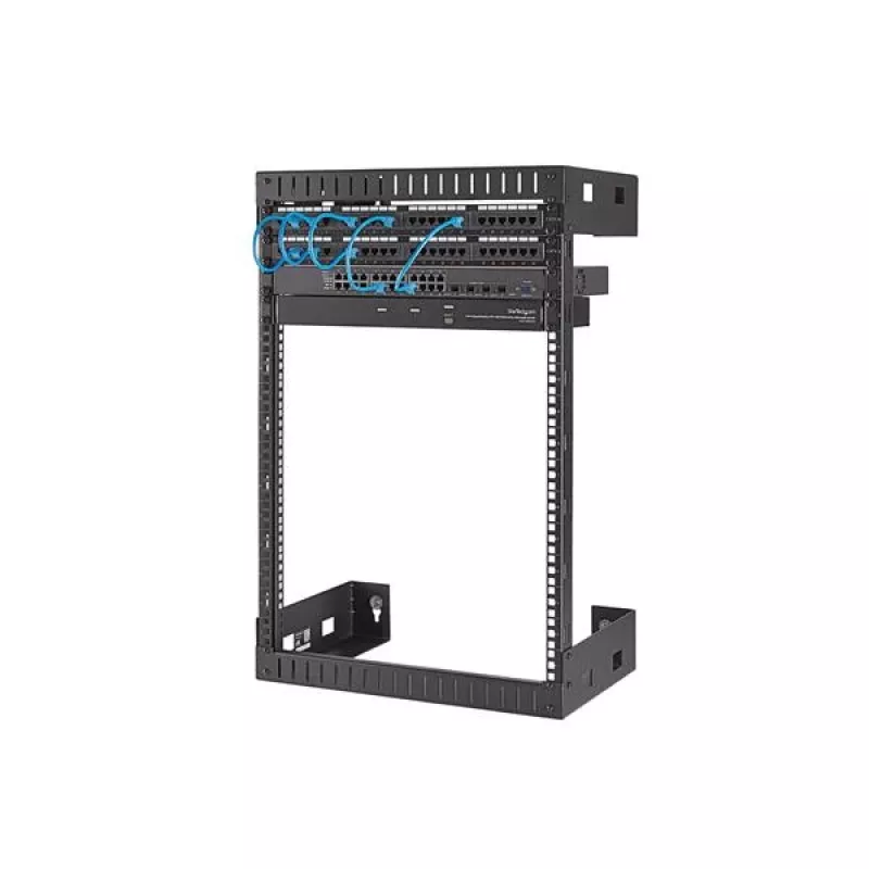StarTech.com 15U 19 inch wandmontage netwerkrack – 12 inch diep, 2-paals open-frame serverrack voor data/AV/IT/computerapparatuur/patchpaneel met kooimoeren & schroeven, 90 kg draagvermogen, zwart