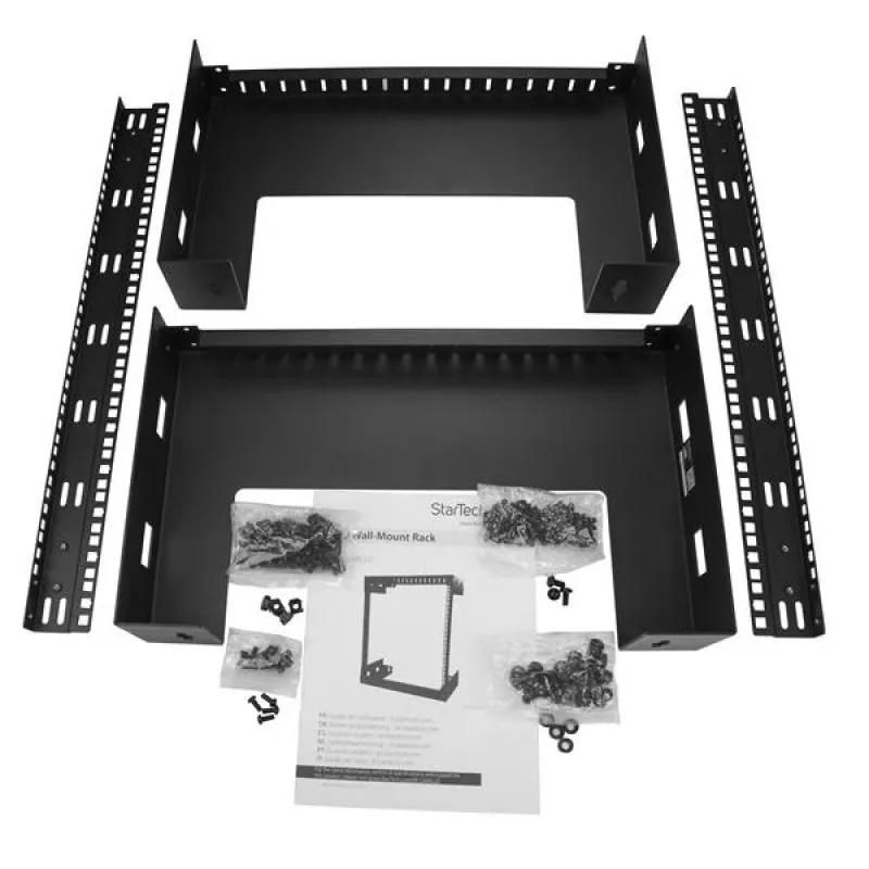 StarTech.com 15U 19 inch wandmontage netwerkrack – 12 inch diep, 2-paals open-frame serverrack voor data/AV/IT/computerapparatuur/patchpaneel met kooimoeren & schroeven, 90 kg draagvermogen, zwart
