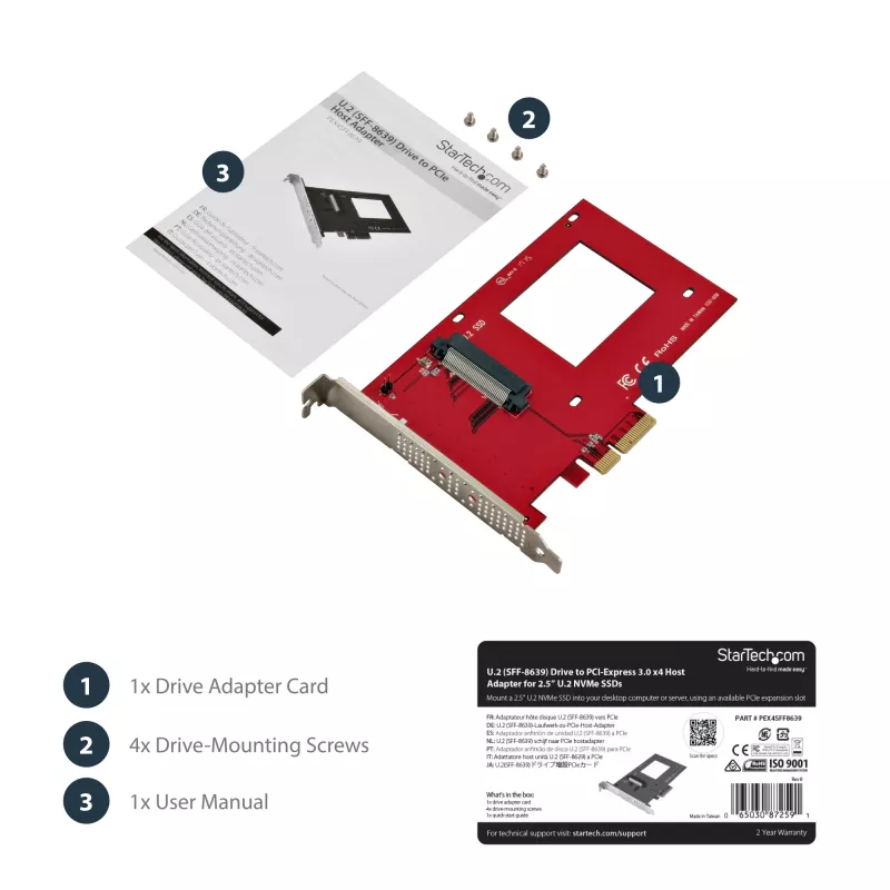 StarTech.com PEX4SFF8639 U.2-naar-PCIe-adapter voor 2,5 inch U.2 NVMe SSD, SFF-8639, x4 PCIe 3.0