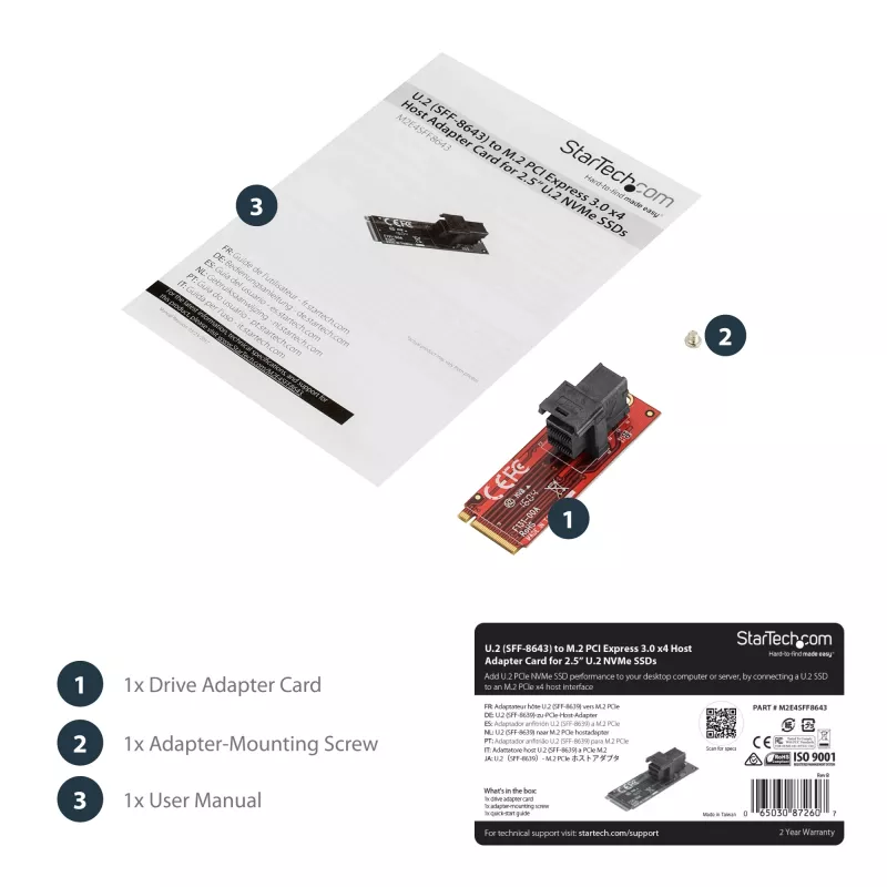 StarTech.com U.2 (SFF-8643) naar M.2 PCI Express 3.0 x4 host-adapterkaart voor 2,5 inch U.2 NVMe SSD