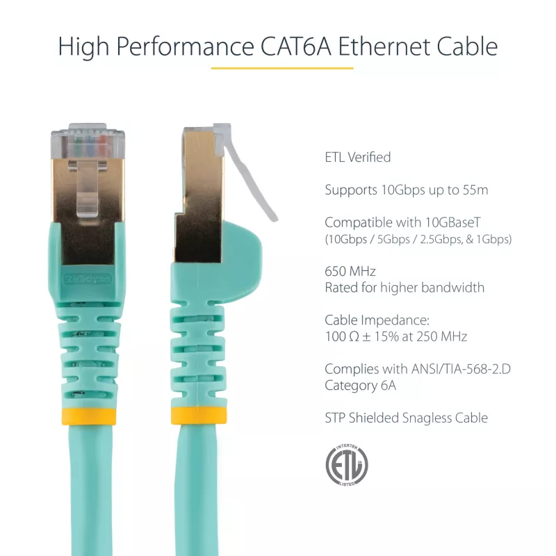 StarTech.com 3m CAT6a Ethernet-kabel – 10 Gigabit afgeschermde, snagless RJ45 100W PoE-patchkabel – 10GbE STP netwerkkabel met trekontlasting – aqua, individueel getest / UL-gecertificeerde bedrading / TIA