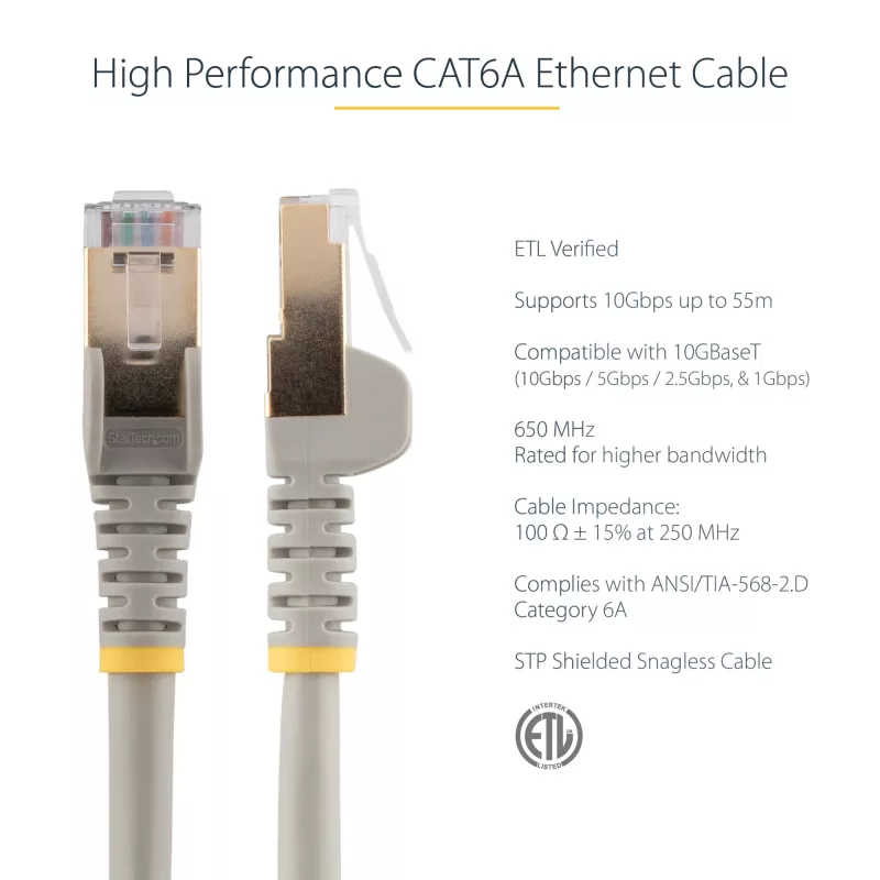 StarTech.com 2m CAT6a Ethernet-kabel – 10 Gigabit afgeschermde snagless RJ45 100W PoE-patchkabel – 10GbE STP netwerkkabel met trekontlasting – grijs, individueel getest / UL-gecertificeerde bedrading / TIA