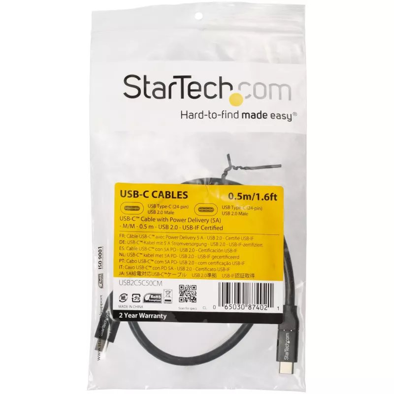 StarTech.com USB-C naar USB-C-kabel met 5A PD - M/M - 0,5 m - USB 2.0 - USB-IF gecertificeerd