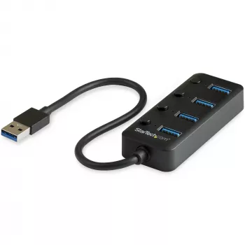 StarTech.com 4-poorts USB 3.0-hub – USB-A naar 4x USB 3.0 Type-A met afzonderlijke aan/uit-schakelaars per poort – SuperSpeed 5 Gbit/s USB 3.1/3.2 Gen 1 – USB-busvoeding – draagbaar – 25 cm vast gemonteerde kabel~4-poorts USB 3.0-hub – USB-A naar 4x USB 3.0 Type-A met afzonderlijke aan/uit-schakelaars per poort – SuperSpeed USB 3.2 Gen 1 (5 Gbit/s) – USB-busvoeding – draagbaar – 9,8