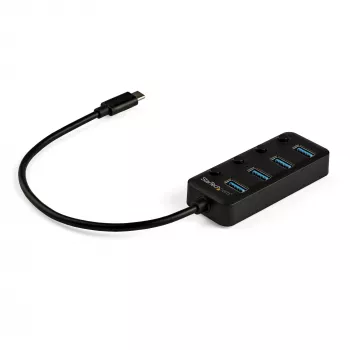 StarTech.com 4-poorts USB-C-hub – USB-C naar 4x USB 3.0 Type-A aansluitingen met afzonderlijke aan/uit-schakelaars – SuperSpeed 5 Gbit/s USB 3.1/3.2 Gen 1 – USB-busgevoed – draagbaar – 25 cm vaste kabel
