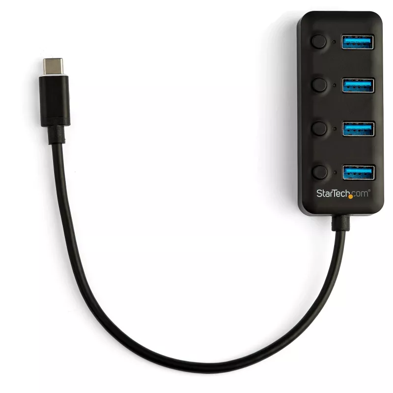 StarTech.com 4-poorts USB-C-hub – USB-C naar 4x USB 3.0 Type-A aansluitingen met afzonderlijke aan/uit-schakelaars – SuperSpeed 5 Gbit/s USB 3.1/3.2 Gen 1 – USB-busgevoed – draagbaar – 25 cm vaste kabel