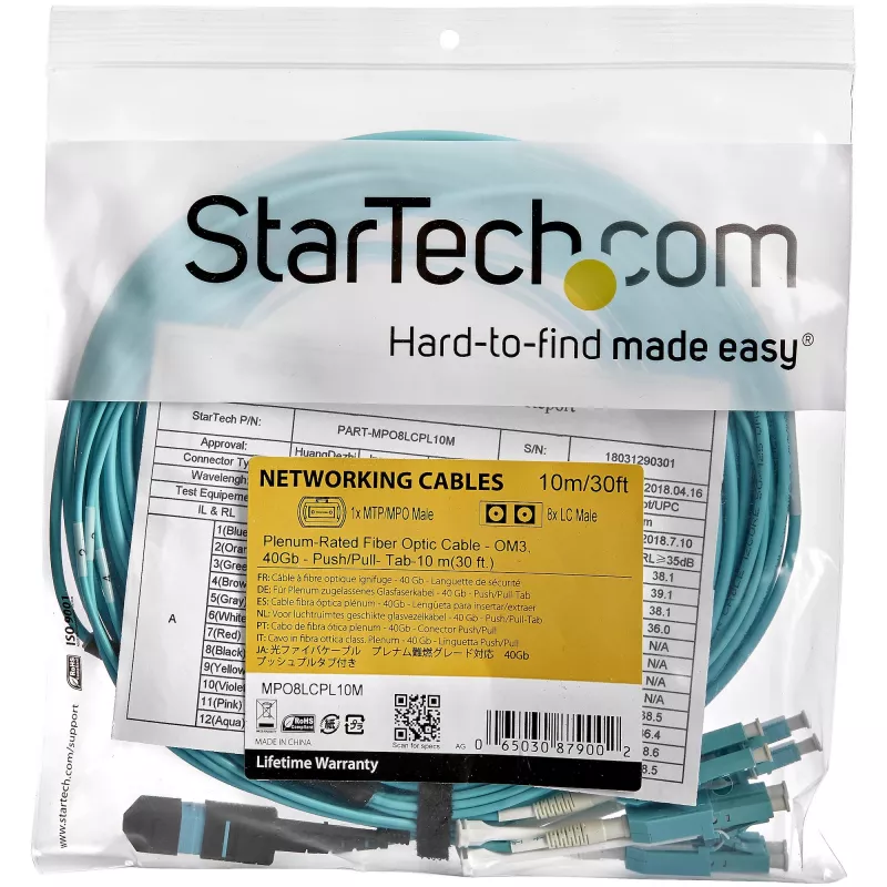 StarTech.com 10m (30ft) MTP(F)/PC naar 4x LC/PC duplex breakout OM3 multimode glasvezelkabel, OFNP Plenum, 40G netwerken, lage invoegverliezen - glasvezel jumperkabel
