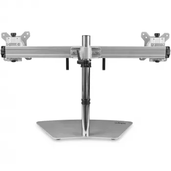 StarTech.com dual-monitorstandaard – ergonomische vrijstaande dual-monitor tafelstandaard voor twee 24-inch VESA-monitoren – synchroon in hoogte verstelbaar – dubbele monitor mastmontage – zilver