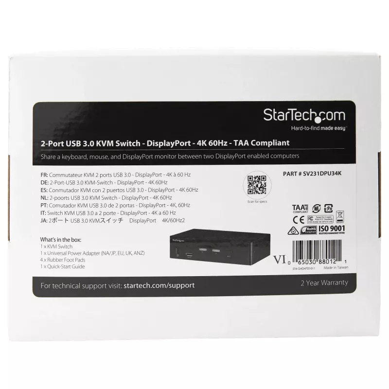 StarTech.com 2-poorts DisplayPort KVM-switch - 4K 60Hz - enkel scherm - dual-port UHD DP 1.2 USB KVM-switch met geïntegreerde USB 3.0 hub & audio - Dell HP Apple Lenovo - TAA-conform